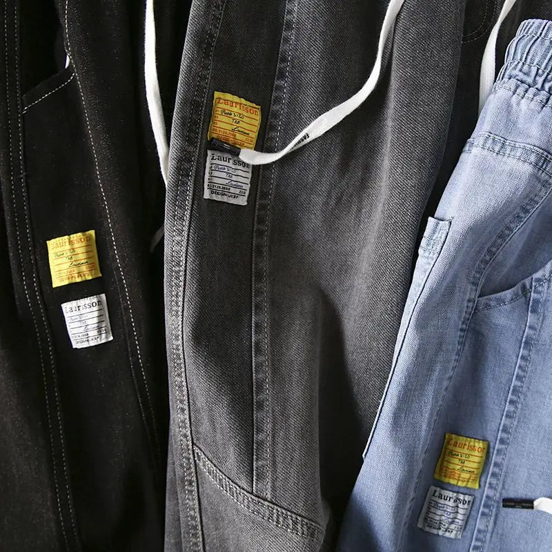 Men wide leg jeans baggy vintage Korean streetwear denim with yellow patch labels on Tampa Home & Garden Store