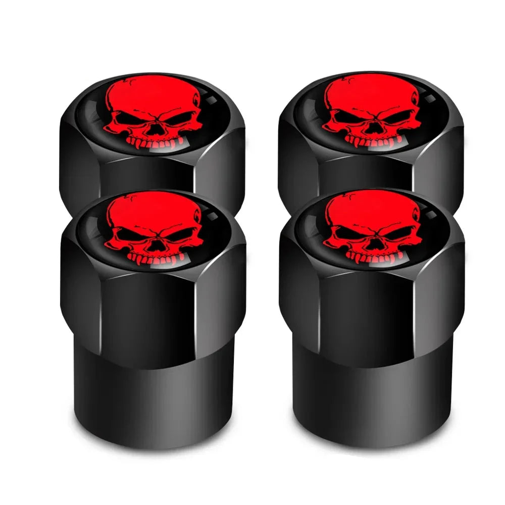 Valve stem caps 4-piece set by BikerZoneZ, black with red skull tops for tires on Tampa Home & Garden Store