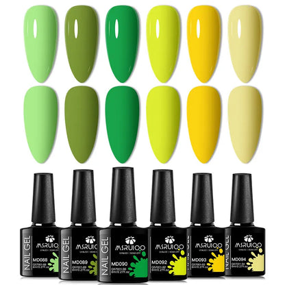 6pc nail gel polish set with lime green to yellow hues in swatches and black bottle packaging on Tampa Home & Garden Store