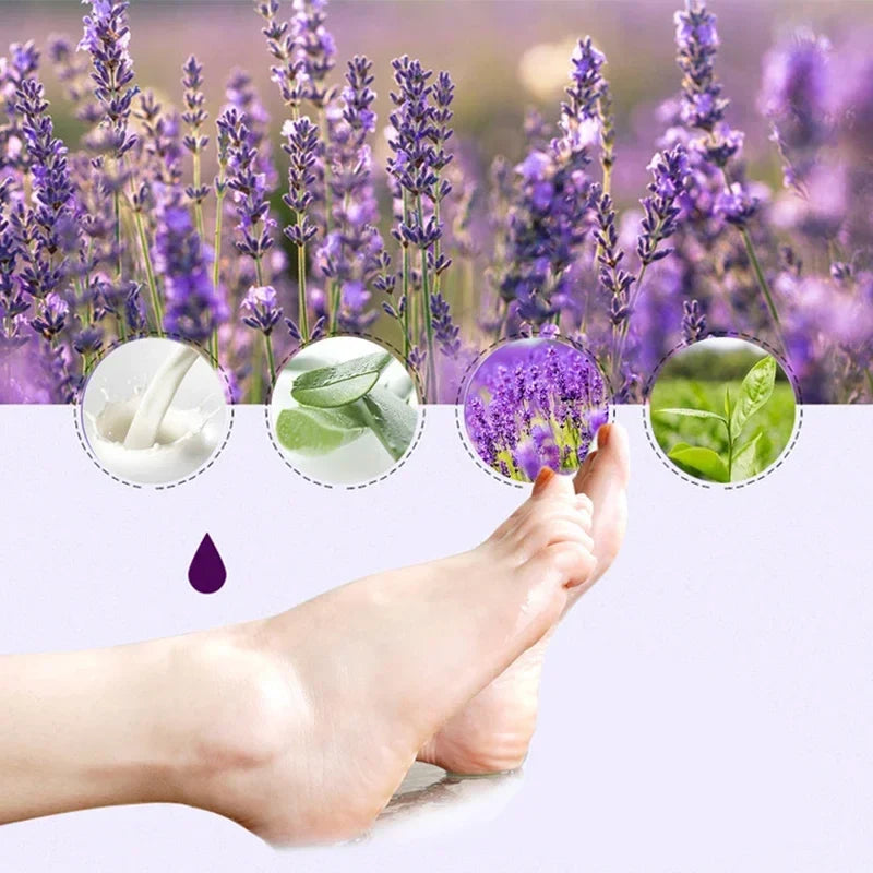 Feet Exfoliating Foot Masks Silcy Skin pedicure socks with lavender and ingredient icons on Tampa Home & Garden Store