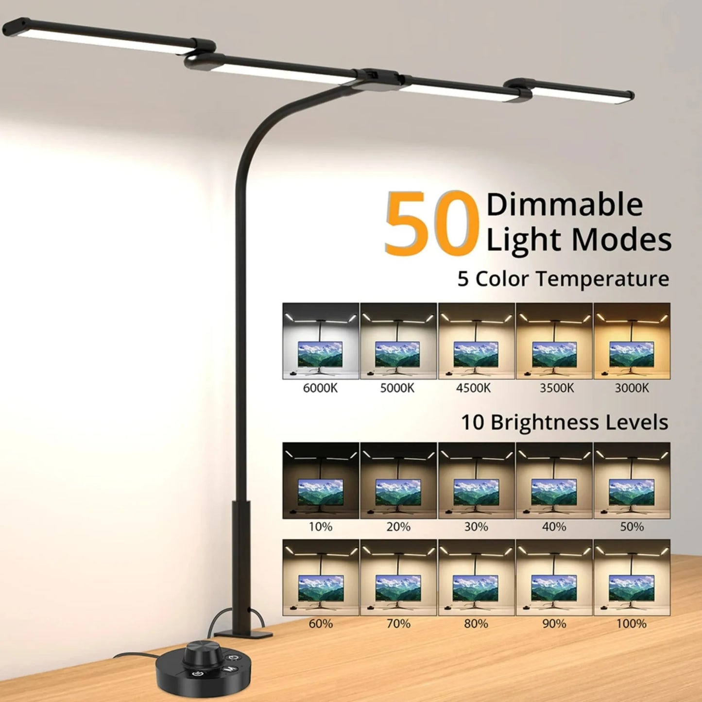Perfecsy LED desk lamp with clamp, black dual-bar 24W light and adjustable gooseneck on Tampa Home & Garden Store
