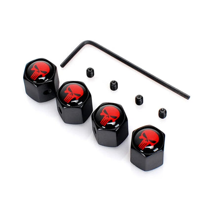 Anti-Theft skull valve caps, 4-pack, black metal with red skull emblem by BikerZoneZ on Tampa Home & Garden Store