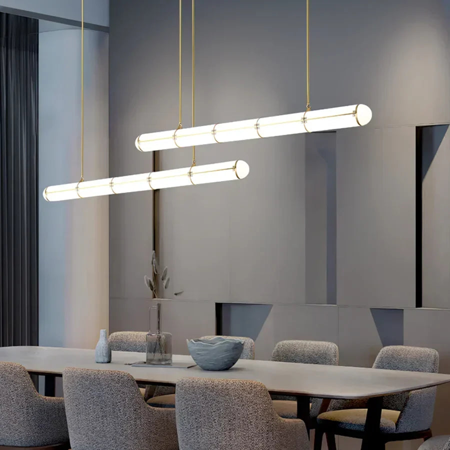 DecorBites Kitchen Island Pendant Light with two white tubes and brass suspensions on Tampa Home & Garden Store