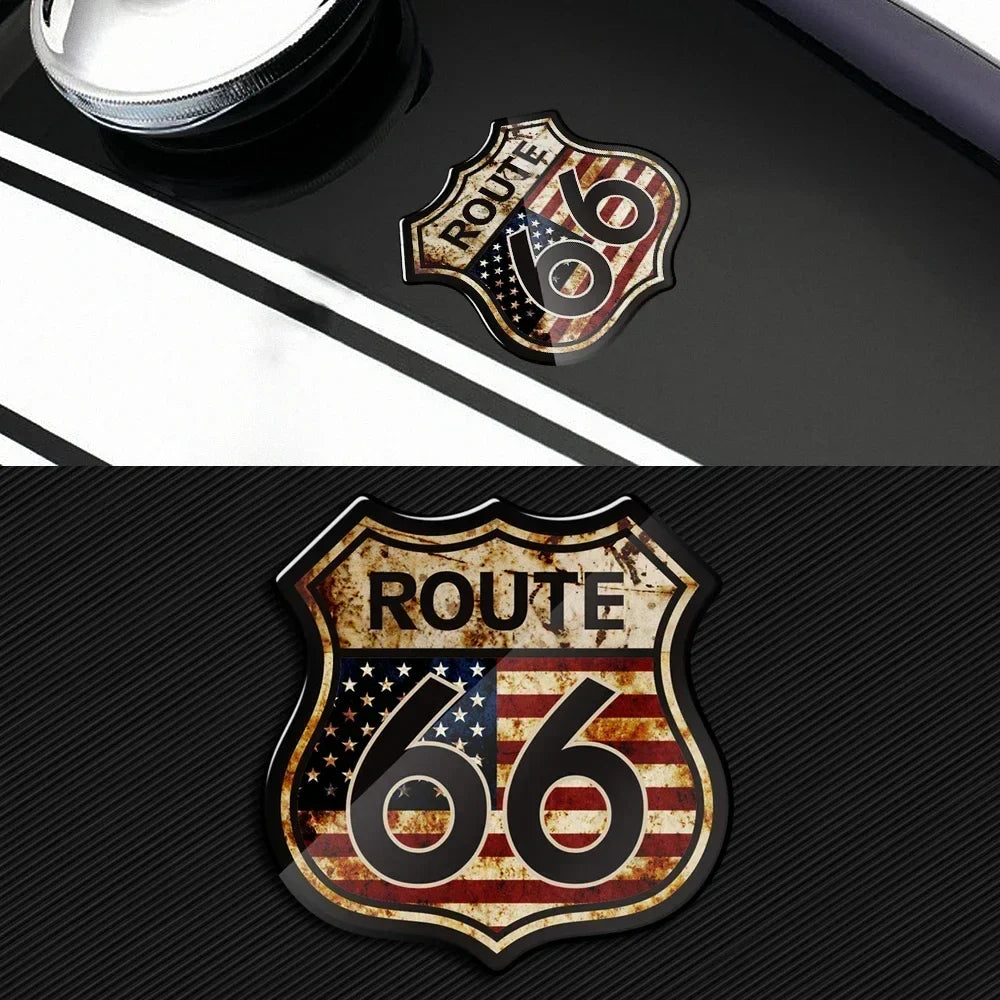 3D Route 66 shield sticker with distressed rust and American flag design 66 numerals on Tampa Home & Garden Store
