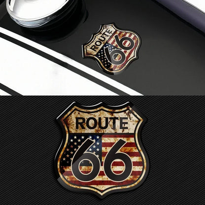 3D Route 66 shield sticker with distressed rust and American flag design 66 numerals on Tampa Home & Garden Store