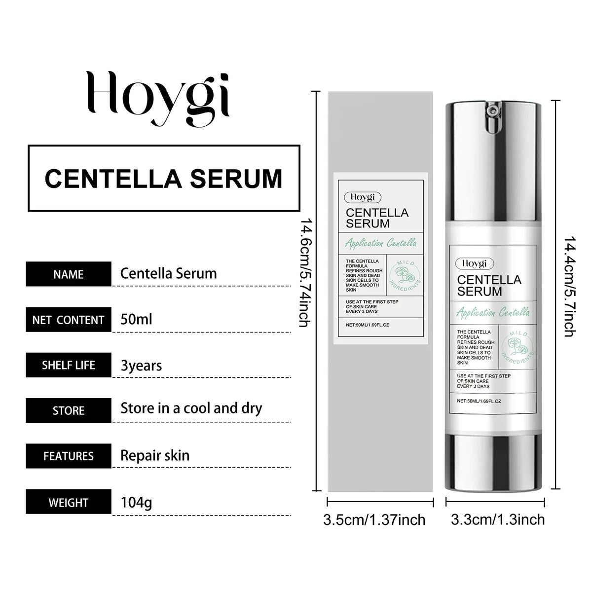 Hoygi Centella Serum box and bottle with silver cap, white label, 50 ml on Tampa Home & Garden Store