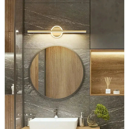 Led Mirror Front Wall Light Gold Black Lamp above round mirror with horizontal bar on Tampa Home & Garden Store