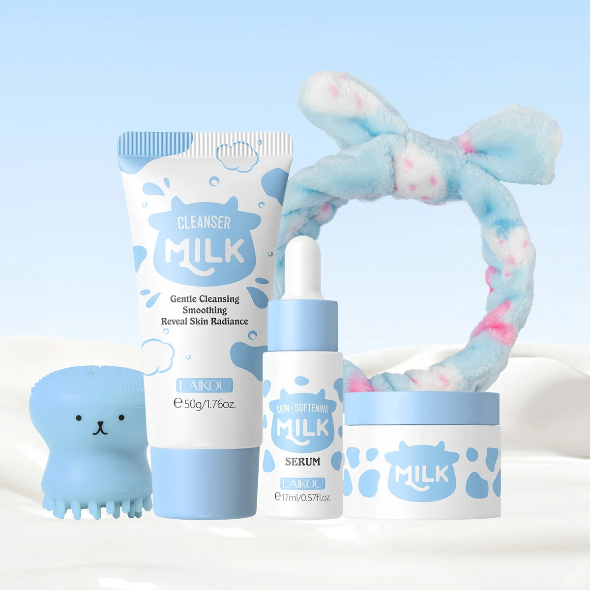 LAIKOU Milk Skincare Set travel kit: cleanser, serum, cream in blue packaging Silcy Skin on Tampa Home & Garden Store