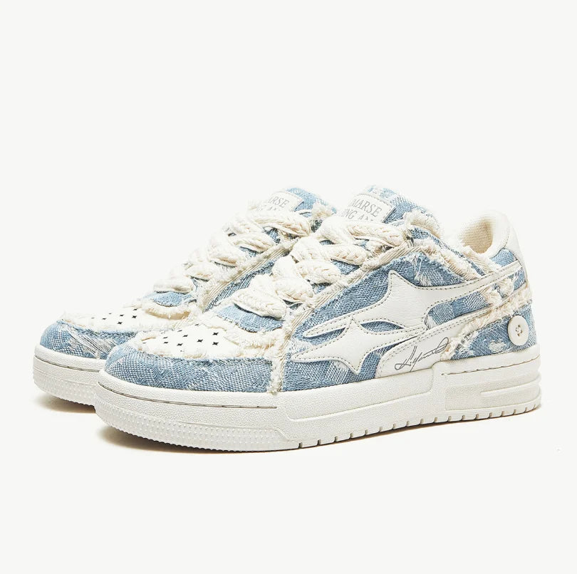 Tennis Sneakers EstaliosFit denim upper with white star detail and frayed laces on Tampa Home & Garden Store