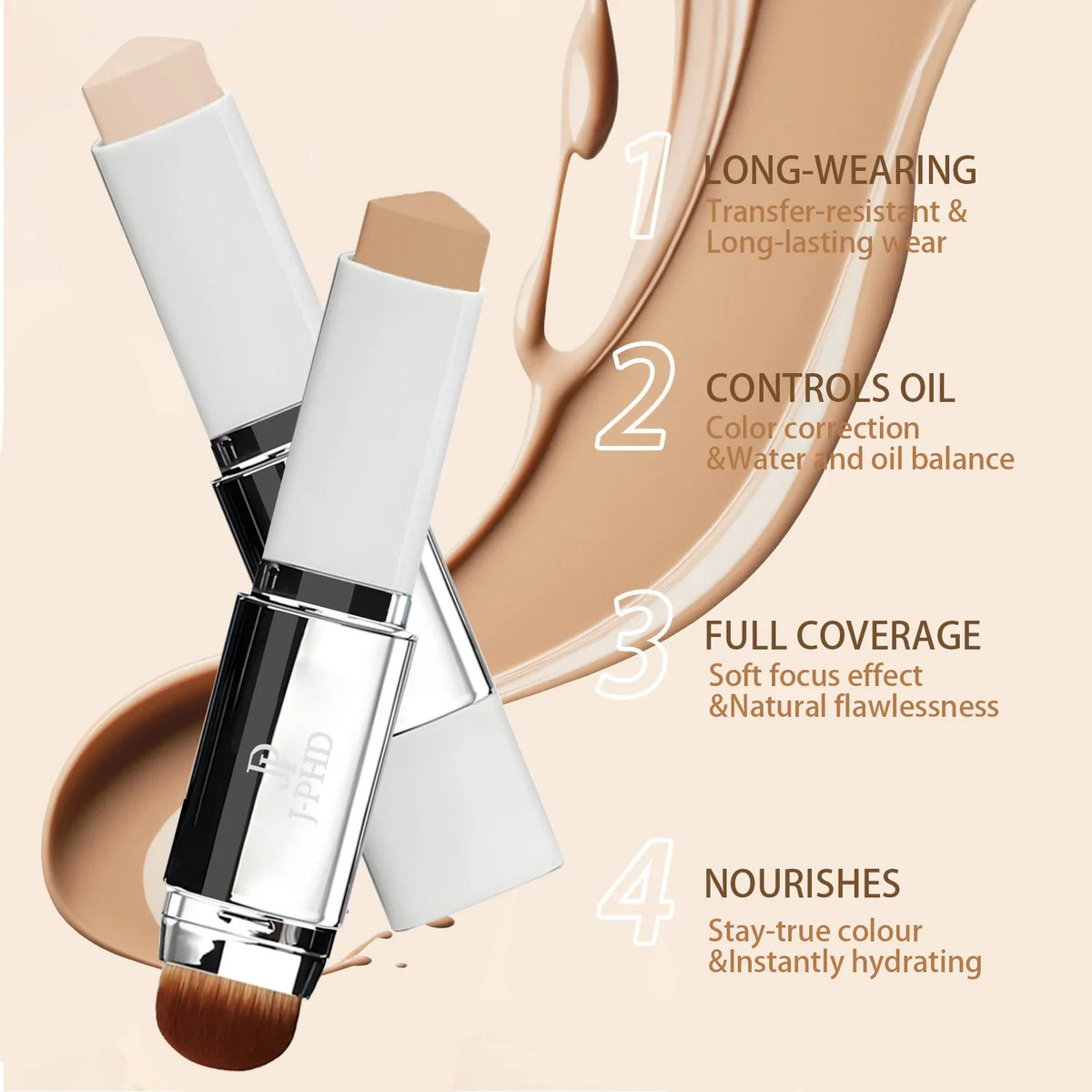 Silcy Skin two-in-one brush-head foundation sticks in white tubes with beige shade on Tampa Home & Garden Store
