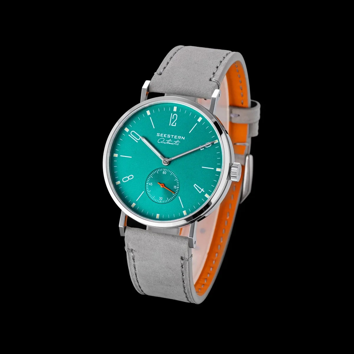 Men's Ultra-Thin Automatic Dress Watch teal dial stainless steel case grey leather strap on Tampa Home & Garden Store