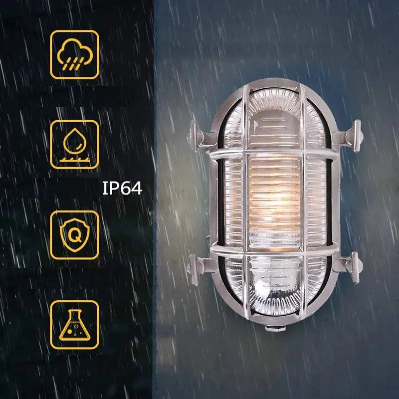 DecorBites industrial outdoor LED wall lamp in silver metal with cage IP64 rainproof on Tampa Home & Garden Store