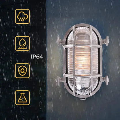 DecorBites industrial outdoor LED wall lamp in silver metal with cage IP64 rainproof on Tampa Home & Garden Store