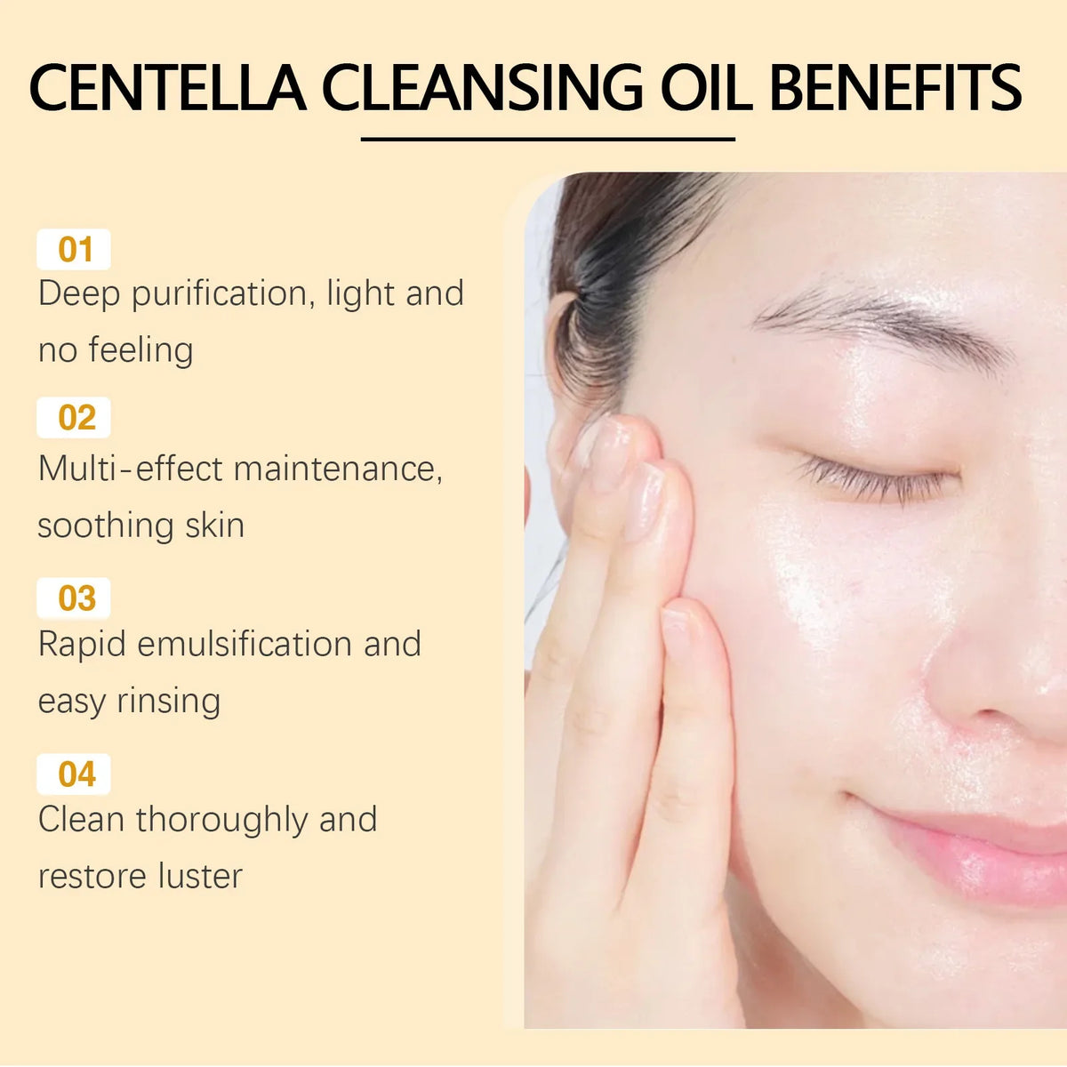 Moisturizing facial cleansing oil Silcy Skin; woman applying oil beside Centella benefits on Tampa Home & Garden Store
