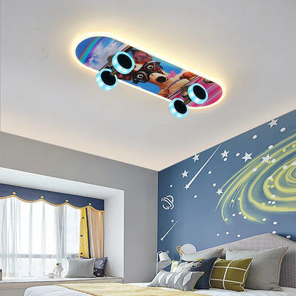 DecorBites Kids Skateboard LED ceiling light with four blue LED wheels on a colorful deck on Tampa Home & Garden Store