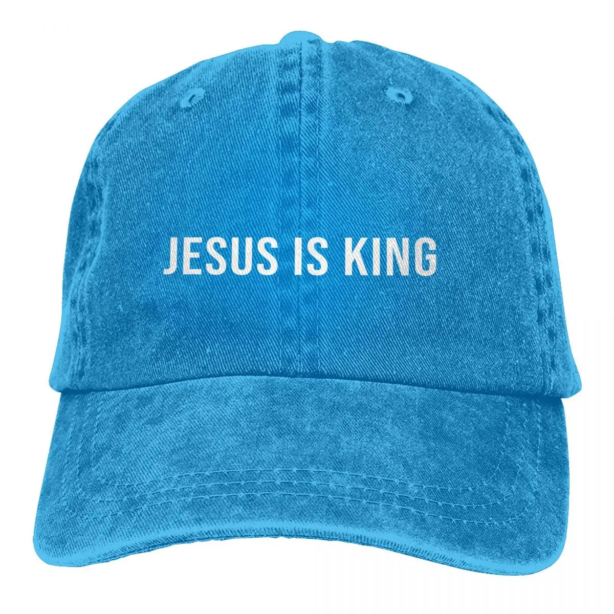 King Caps blue denim hat JESUS IS KING white text on Tampa Home & Garden Store