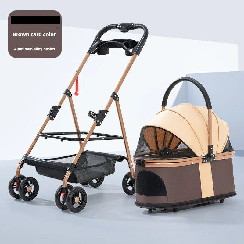 Pet Zen 3 in 1 folding pet stroller with detachable carrier tan frame beige-brown basket 30lbs on Tampa Home & Garden Store