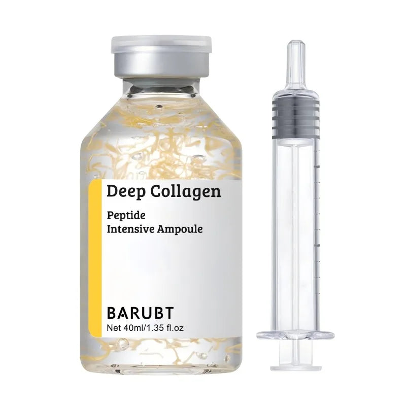 Deep Collagen peptide ampoule bottle with yellow stripe and BARUBT branding beside a syringe on Tampa Home & Garden Store