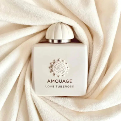 Amouage Love Tuberose perfume bottle, white bottle with embossed crest and ivory cap on Tampa Home & Garden Store