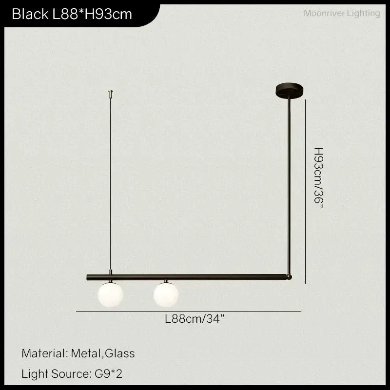 DecorBites Linear Minimalist Chandelier Pendant Light black metal bar with 2 glass globes on Tampa Home & Garden Store
