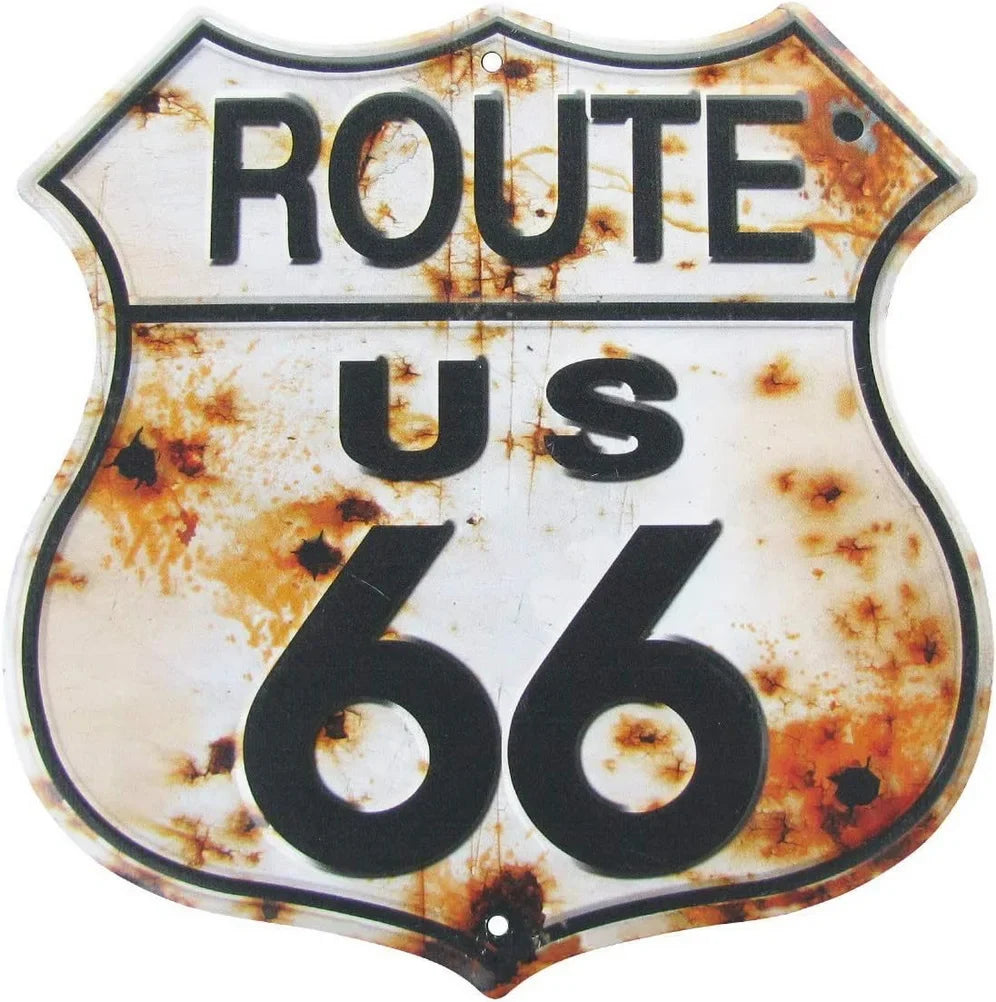 Route 66 shield metal tin sign with rusty distressed finish on Tampa Home & Garden Store