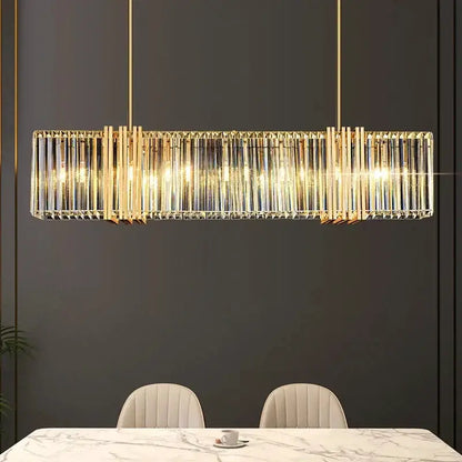 DecorBites Luxe E14 LED Pendant Chandelier with gold crystal bars above dining table on Tampa Home & Garden Store
