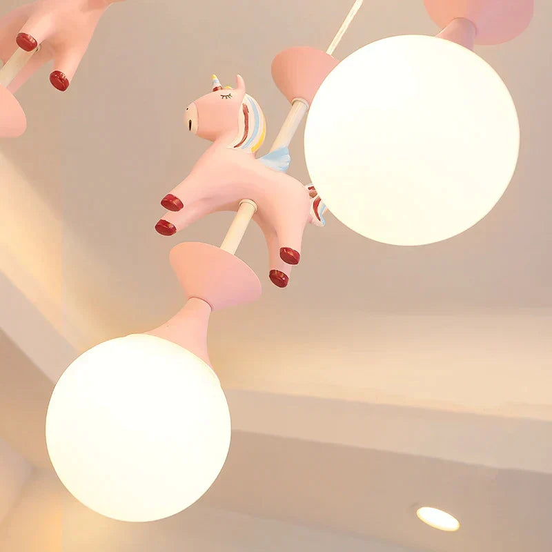 DecorBites Kids Dream Carousel Chandelier pendant light with pink unicorn and two bulbs on Tampa Home & Garden Store