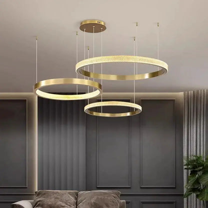 DecorBites LED pendant chandelier set: three gold rings with warm LED glow for modern living on Tampa Home & Garden Store