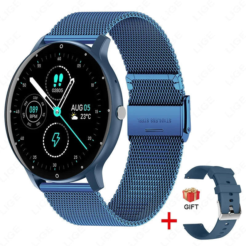 Men's smart watch with blue steel mesh band, touch screen fitness tracker waterproof on Tampa Home & Garden Store