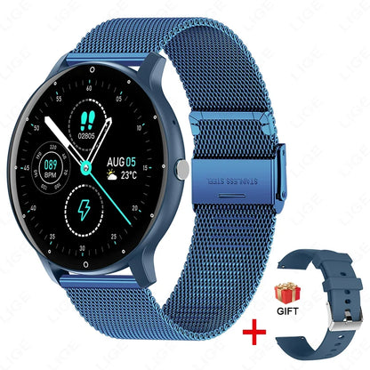 Men's smart watch with blue steel mesh band, touch screen fitness tracker waterproof on Tampa Home & Garden Store