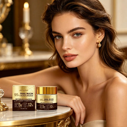 Snail mucin moisturizer Silcy Skin 95% collagen day & night cream; gold packaging and jar on Tampa Home & Garden Store