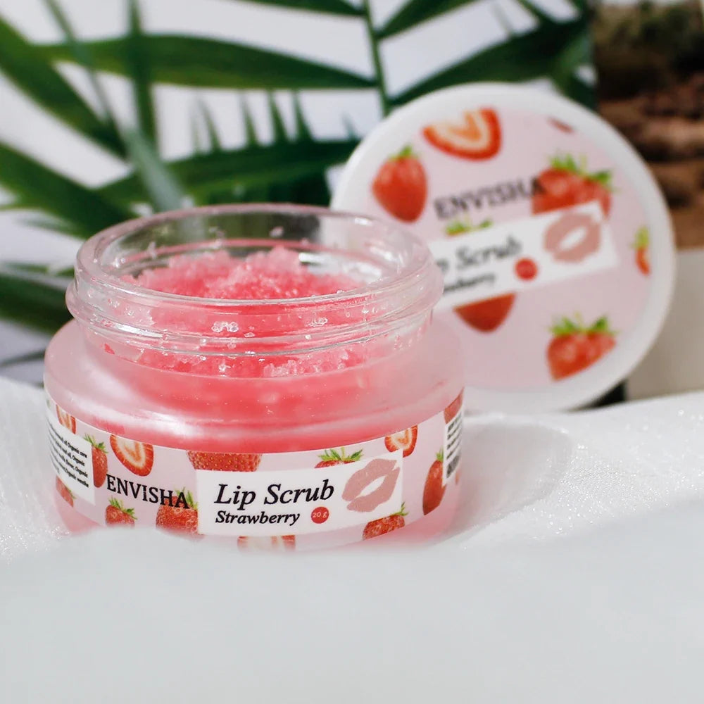 ENVISHA Strawberry Lip Scrub jar with pink sugar scrub, pink label, Silcy Skin on Tampa Home & Garden Store