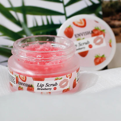ENVISHA Strawberry Lip Scrub jar with pink sugar scrub, pink label, Silcy Skin on Tampa Home & Garden Store