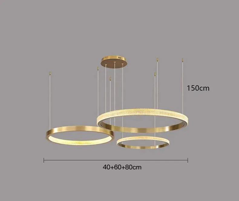 DecorBites LED pendant chandelier with three gold rings, cable-suspended, modern lighting on Tampa Home & Garden Store
