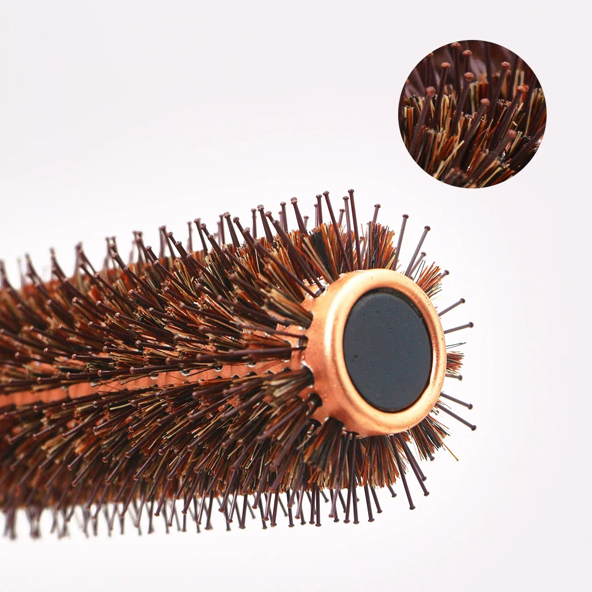 Wood-handle round boar-bristle hair brush with copper barrel and anti-static design on Tampa Home & Garden Store