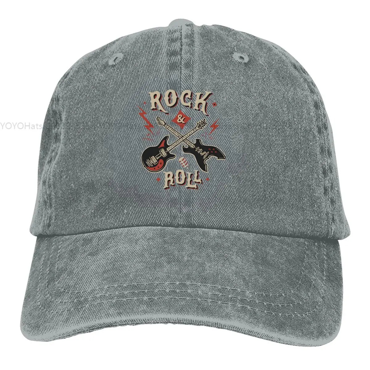 Rock N Roll multicolor cap with crossed electric guitars embroidery on washed gray denim cap on Tampa Home & Garden Store