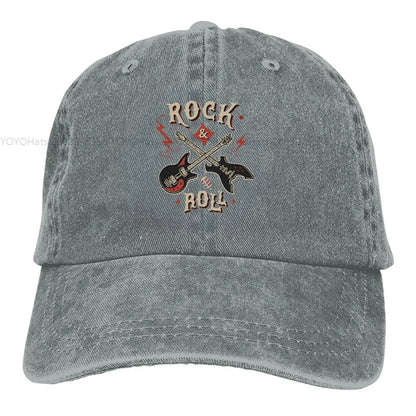Rock N Roll multicolor cap with crossed electric guitars embroidery on washed gray denim cap on Tampa Home & Garden Store