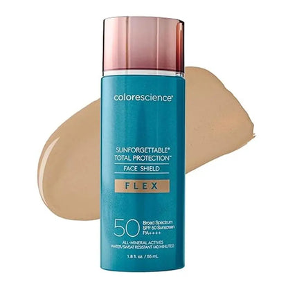 Colorescience Sunforgettable Total Protection Face Shield Flex SPF 50 teal bottle with rose cap and beige foundation swatch on backdrop on Tampa Home & Garden Store