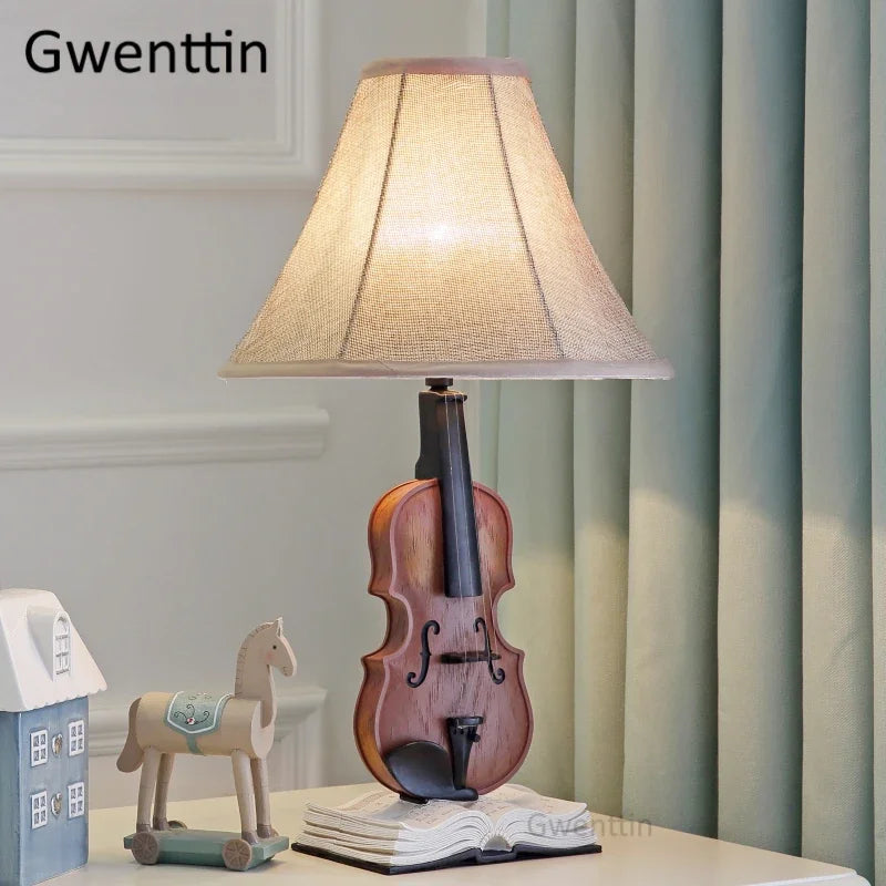 DecorBites Kids Violin LED Table Lamp with beige fabric shade on a wooden violin-shaped base on Tampa Home & Garden Store