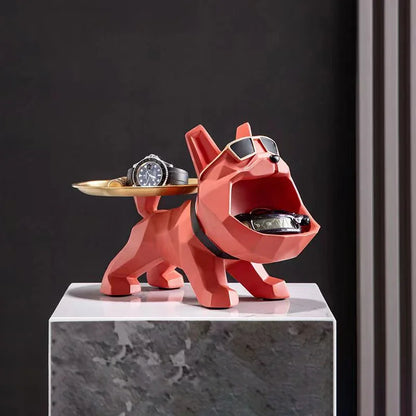 Perfecsy resin bulldog statue with back tray for watches and jewelry, pink geometric pup on Tampa Home & Garden Store