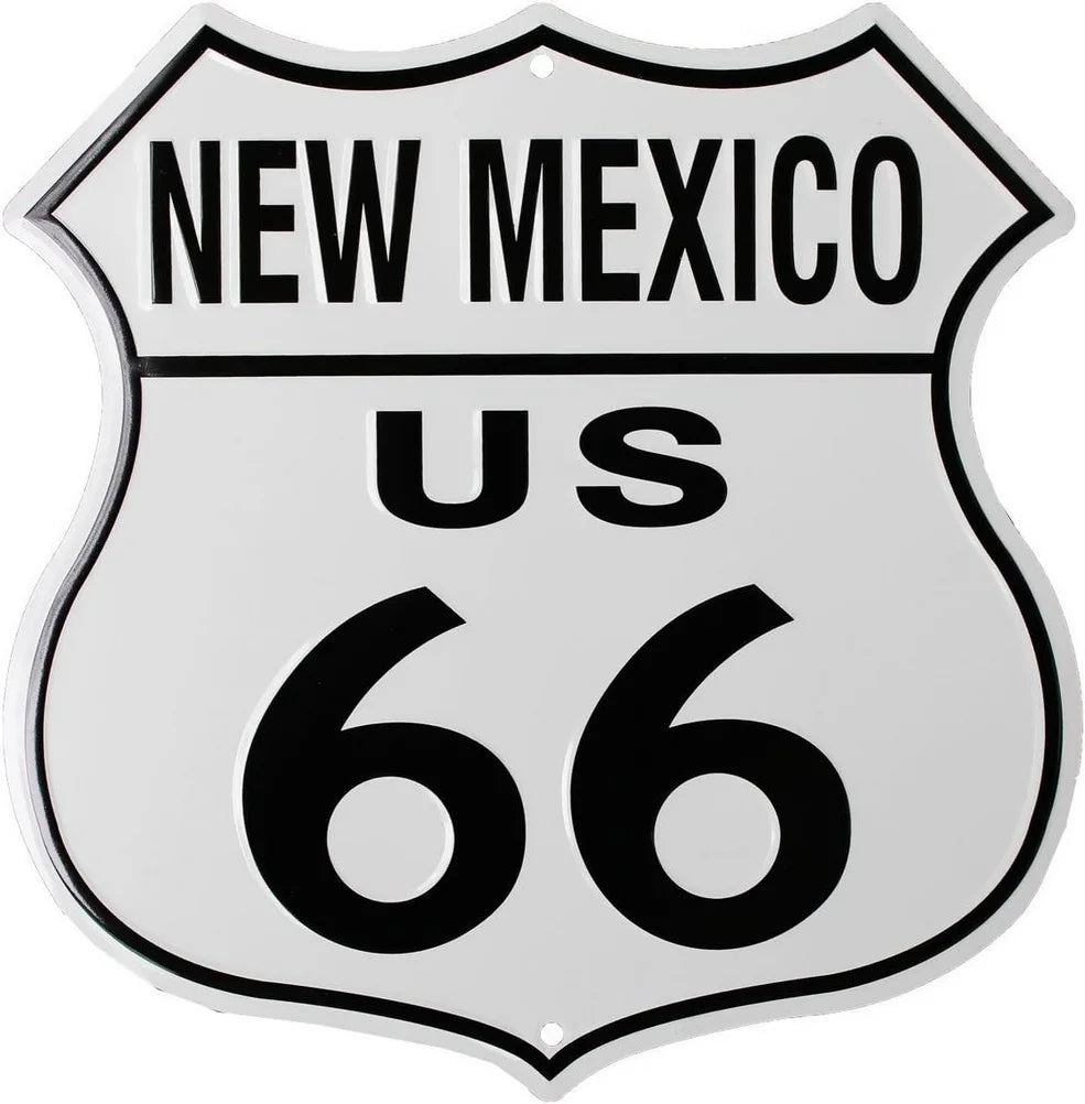 Route 66 shield metal tin sign featuring New Mexico US 66 in black on white on Tampa Home & Garden Store