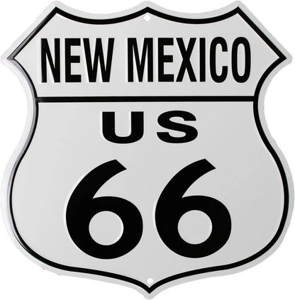 Route 66 shield metal tin sign featuring New Mexico US 66 in black on white on Tampa Home & Garden Store