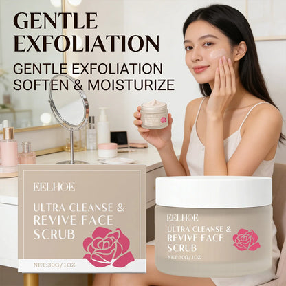 Silcy Skin Cleanse & Revive Face Scrub jar rose graphic beside box, woman applying scrub on Tampa Home & Garden Store