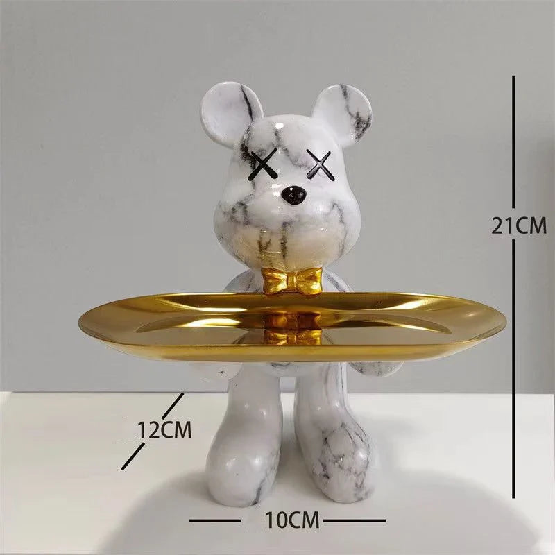 Graffiti bear ornament with marble finish, X eyes, gold bow tie, gold oval key tray, 21cm tall on Tampa Home & Garden Store