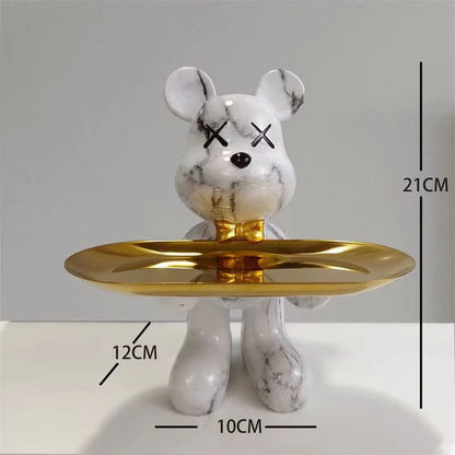 Graffiti bear ornament with marble finish, X eyes, gold bow tie, gold oval key tray, 21cm tall on Tampa Home & Garden Store