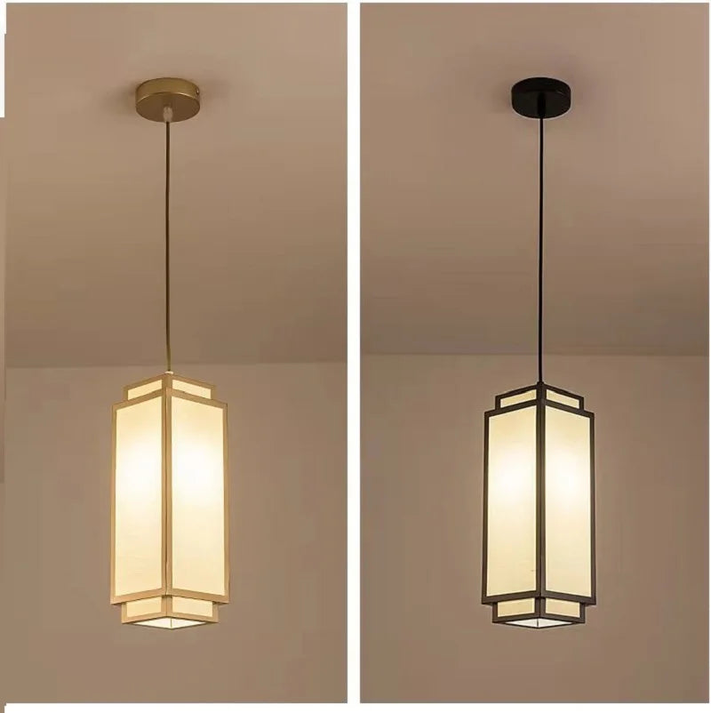 Perfecsy Chinese pendant lights pair with fabric lantern shades in brass and black finishes on Tampa Home & Garden Store