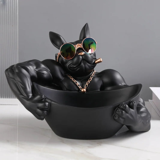 Perfecsy black resin dog figurine storage box lounging in tub with sunglasses and a gold chain on Tampa Home & Garden Store