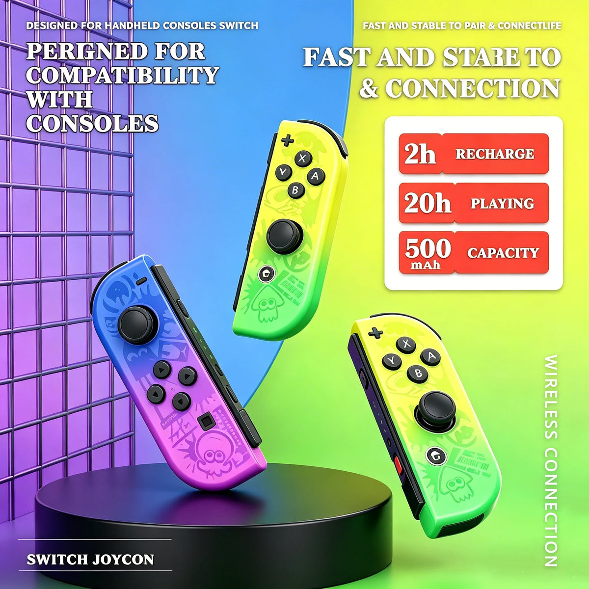 Joy-Con wireless Switch controller with dual vibration joysticks in neon multicolor by FLIPSTYLEZLLC on Tampa Home & Garden Store