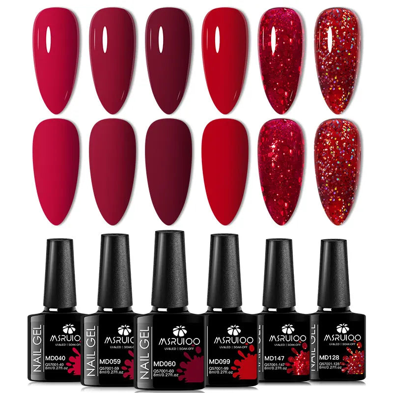 Silcy Skin 6pc nail gel polish set with red, burgundy and glitter shades, six glossy swatches on Tampa Home & Garden Store