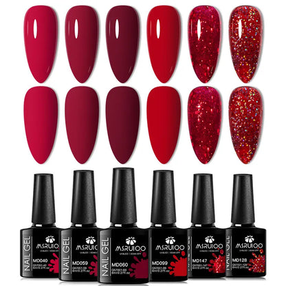 Silcy Skin 6pc nail gel polish set with red, burgundy and glitter shades, six glossy swatches on Tampa Home & Garden Store
